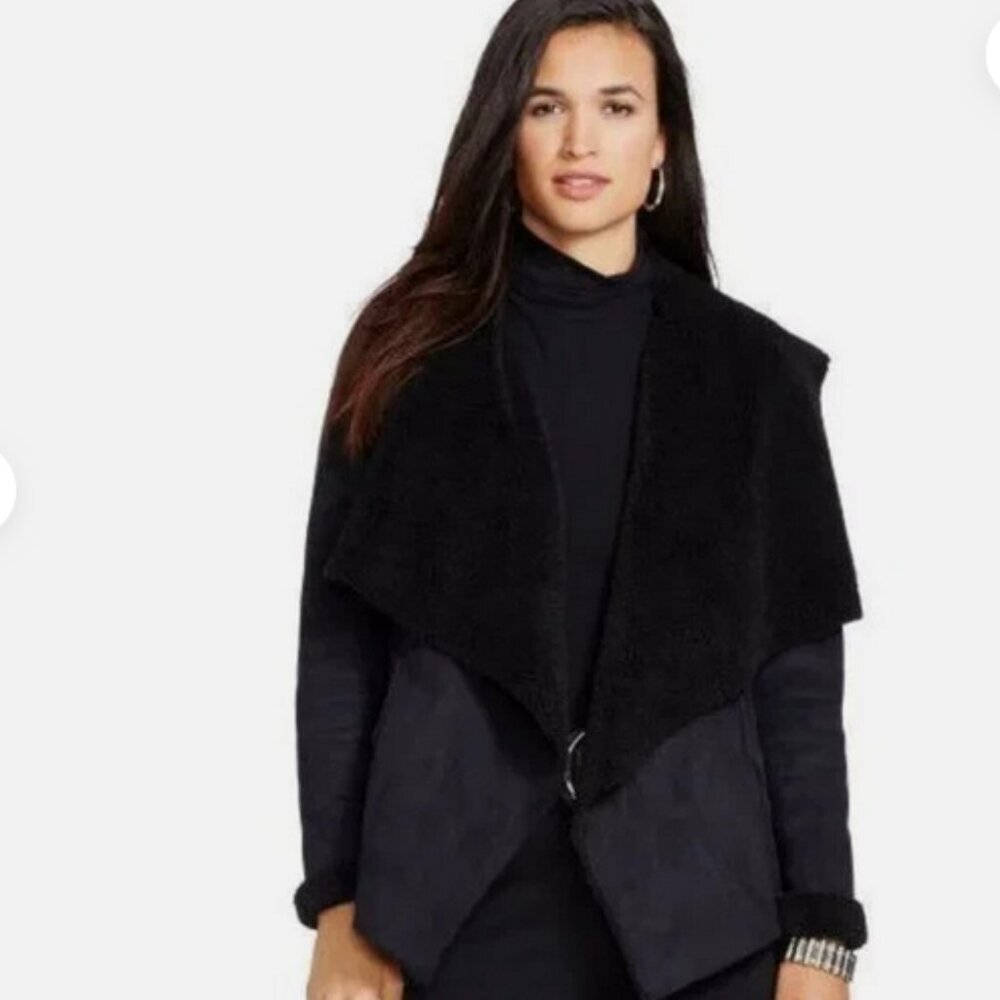LAUREN RALPH LAUREN Women's Black Faux Suede Sherpa Drape Front Coat Jacket M